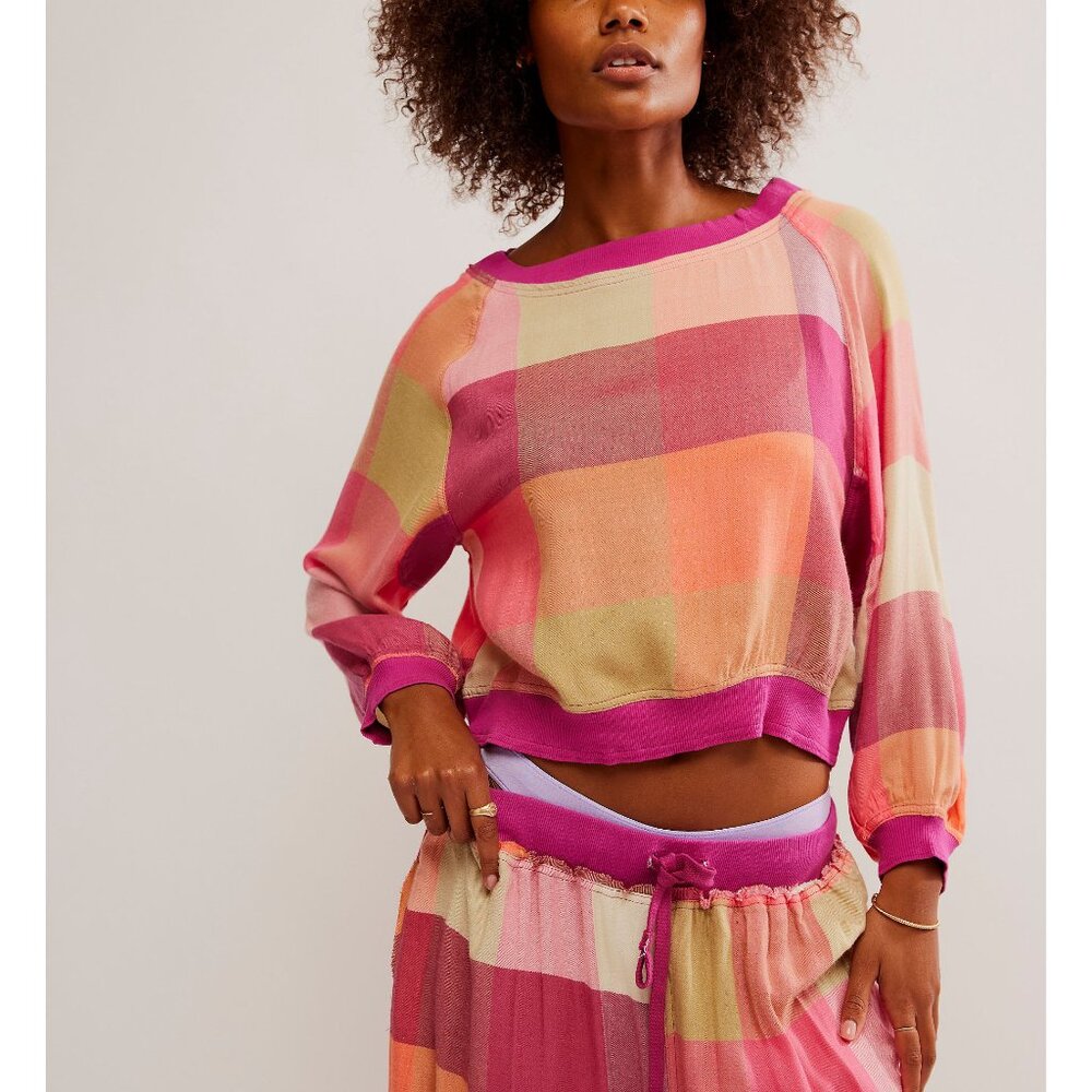 Free People Multicolor Plaid Long Sleeve Top in Pink, Coral, Lime